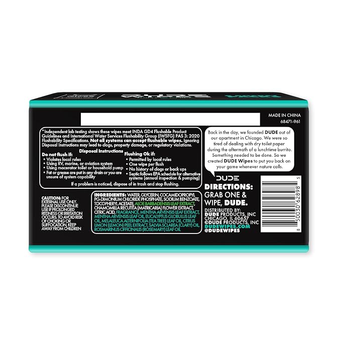 DUDE Wipes Mint Chill Pocket Packs - Travel Wipes - 6 Packs of 8 (48 Count) - On-The-Go Adult Flushable Wipes - Infused with Tea Tree Oil, Vitamin E, and Aloe - Septic and Sewer Safe