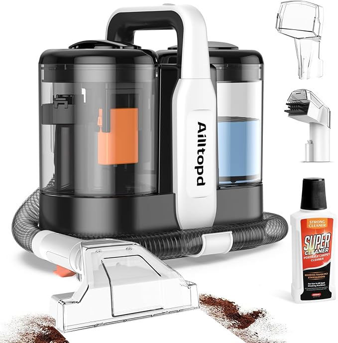 Portable Carpet & Upholstery Cleaner Machine, 15Kpa Strong Suction & Handheld Spot Cleaner Machine for Couch, Sofa, Car, Pet Stains, Furniture Cleaner with Cleaner Solution and Self-Cleaning System