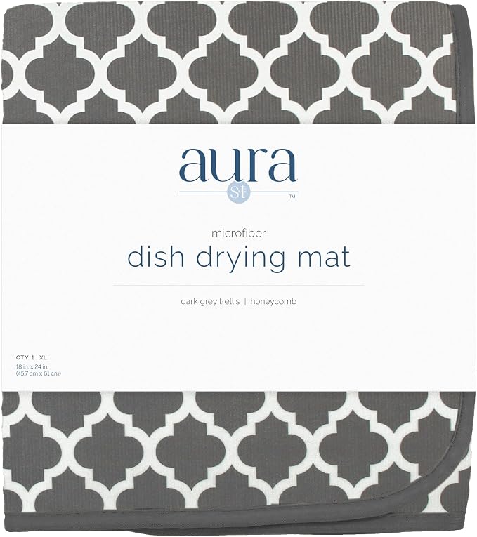 S&T INC. Dish Drying Mat XL, 18” x 24”, Absorbent Microfiber Kitchen Counter Mat, Dish Drying Pad for Dishes, Utensils, Pots and Pans, Extra Large, Pewter Grey Trellis