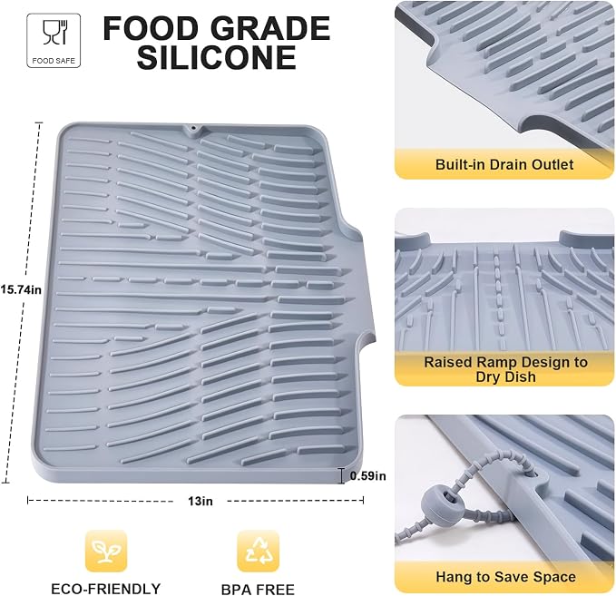 Silicone Dish Drying Mat for Kitchen Counter,Non-Slip Dish Drying Pad with Drain Lip,Heat Resistant Sink drying Mat for Dishes,Large Rubber dish drain mat dish rack mat (Grey,15.8"x13")