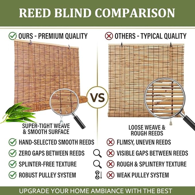 Bamboo Shades for Outdoor Patio Privacy 48" 52" 58" 68" 72" 74" 76" 78" W Light Filtering Bamboo Blinds Outdoor Roll up Shades for Porch Cordless Natural Blackout Bamboo Roller Blinds(26" W x 48" H)