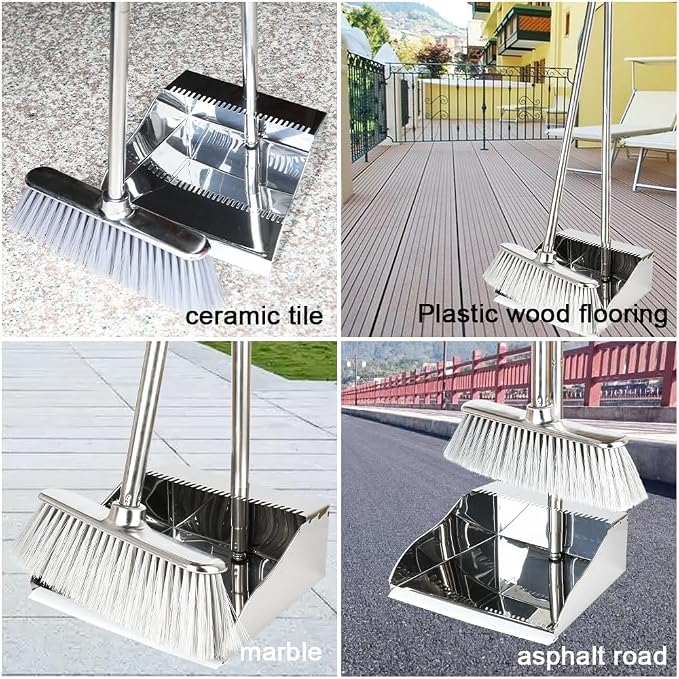 Metal Dustpan with Broom Set, Long Handle Stainless Steel Dustpan,Heavy Duty Standing Dust Pan with Teeth, Indoor Outdoor Up for Home Kitchen Lobby Room Office