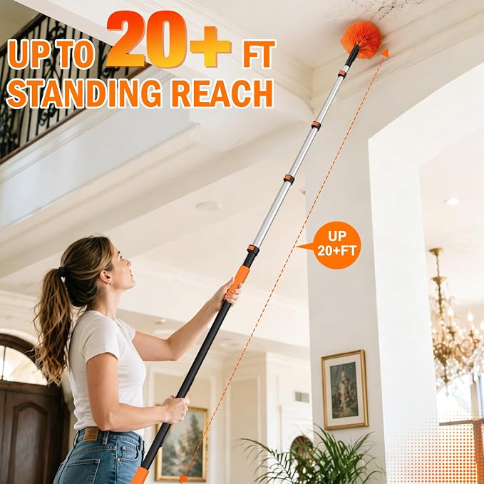 LAANPOLE 26FT High Reach Duster Cleaning Kit with Extension Pole, High Ceiling Fan Cleaner Duster Tool for Fan Blades, Window Washing Kit with Microfiber Feather Duster & Window Squeegee
