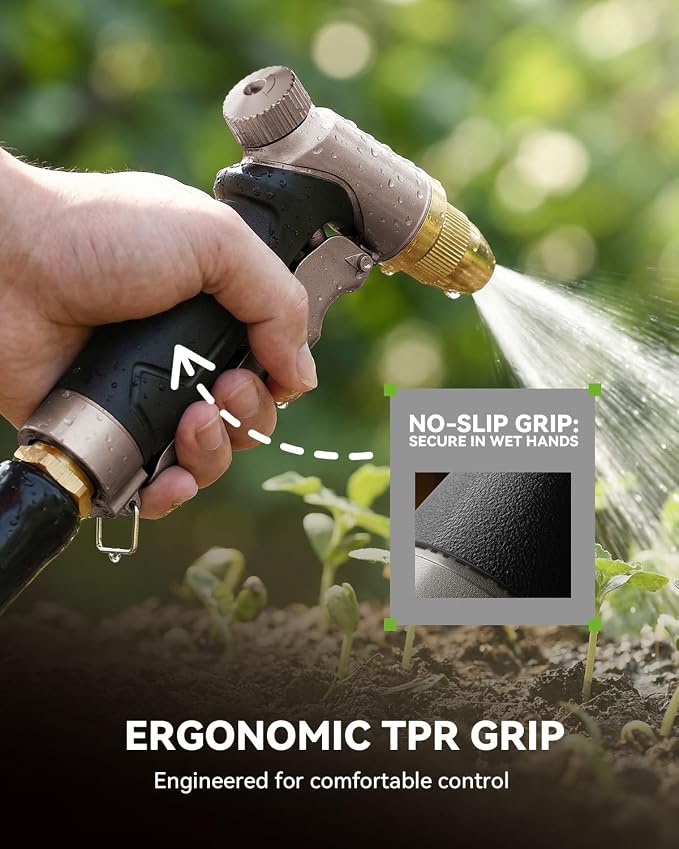 RAINPOINT Garden Hose Nozzle, 100% Heavy Duty Metal Hose Sprayer, High Pressure Water Hose Nozzle with Adjustable Spray Patterns and Flow Control for Watering Plants, Car Washing, Pet Washing, Brown