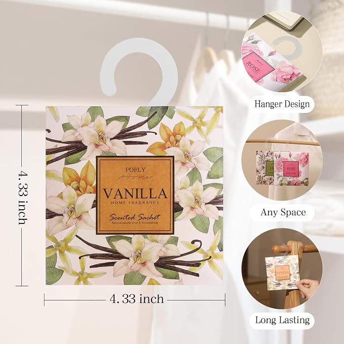 12 Pack Vanilla Scented Sachets, Air Freshener for Home& Small Spaces | Hanging Sachet Bags with Retractable Hook; Closet Deodorizer & Odor Eliminator for Drawers, Shoe Cabinets, Cars & Luggage