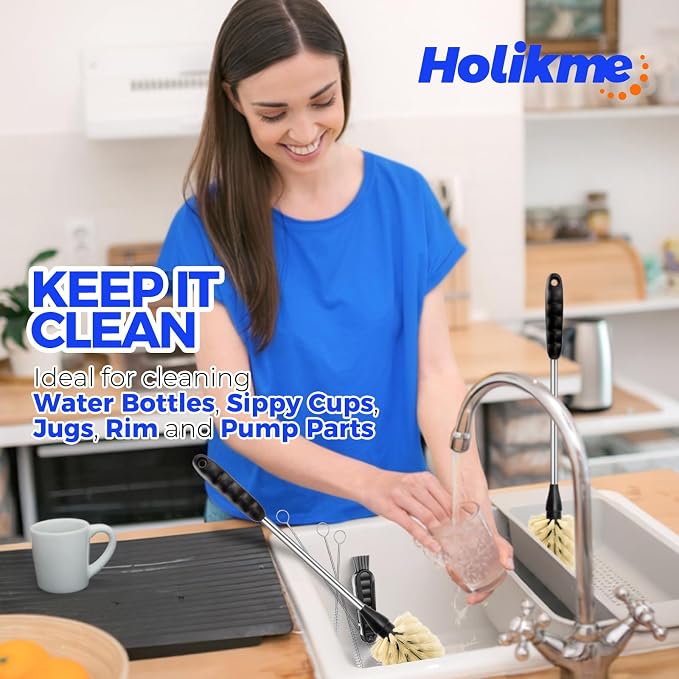 Holikme 6 Pack Bottle Brush Tube Set, 14" Long Handle Stainless Steel Bottle Cleaner Brush, 3 Straw Brushes, Portable 3-in-1 Bottle Cleaning Brush for Water Bottle Cups Baby Bottle Straws, Yellow