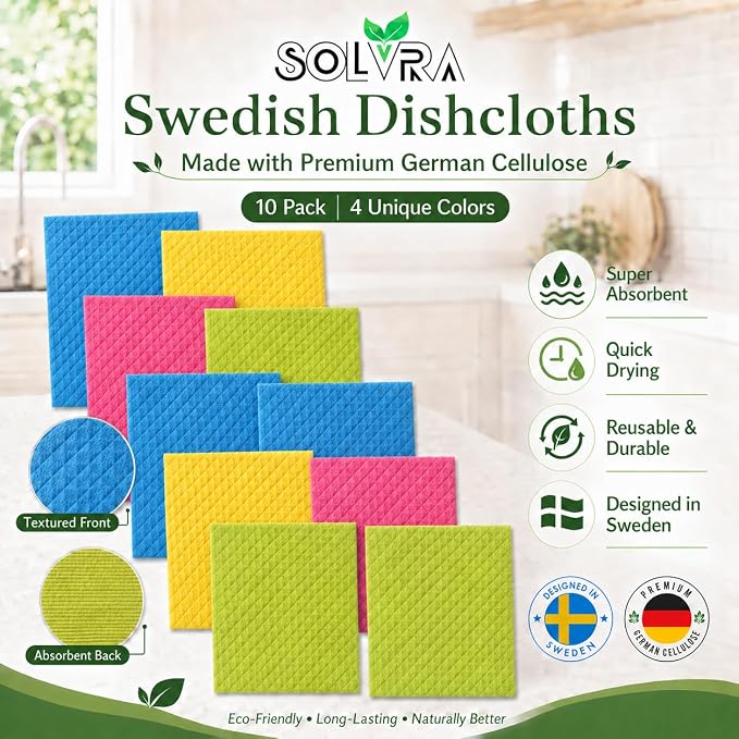 10 PCS Swedish Dishcloths for Kitchen Multicolor, German Cellulose 70% Cellulose 30% Cotton, Ultra Absorbent Reusable Eco Friendly Cleaning Cloth, 100% Biodegradable Paper Towel Alternative, Odor Free