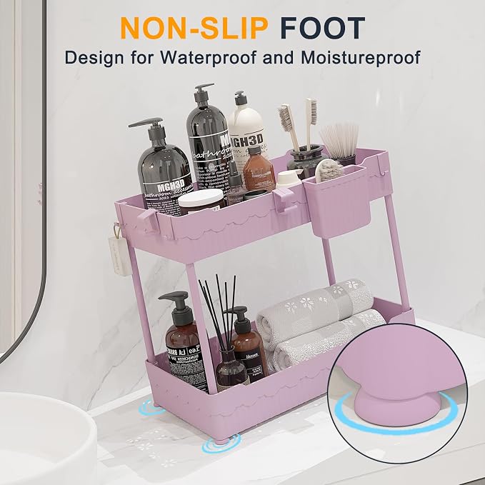 Sevenblue 2 Pack Under Sink Organizer, Under Bathroom Cabinet Organizer with Hooks Hanging Cup, Multi-Purpose Storage Shelf for Kitchen Bathroom (Pink, 12.8 Inch)