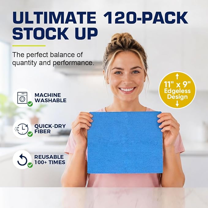 GLIMGLINT Microfiber Cleaning Cloth, 150 Pack Reusable Lint-Free Towels - Blue, Yellow & Green Soft Microfiber Towels for Home, Kitchen, Bathroom, Glass & Tables - 11"x9" Washable Shop Rags