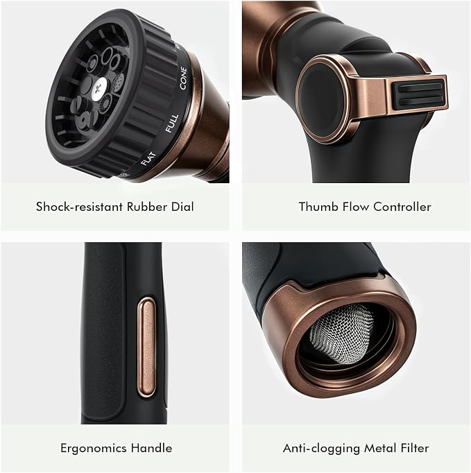 RESTMO Water Hose Nozzle Heavy Duty, Garden Hose Sprayer Thumb Control | Premium Zinc Alloy Metal, 8 Spray Patterns, Flow Adjustable, for Outdoor Plants & Lawns Watering, Cars & Pets Washing, Brown