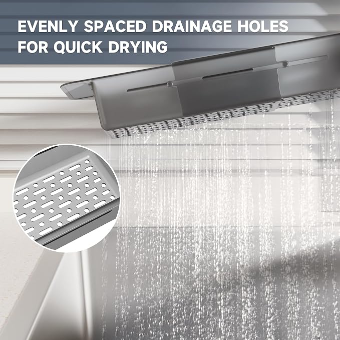 NiHome Extendable Sink Caddy, Small Telescopic Kitchen Brush Holder | Adjustable Sink Organizer for Brushes/Sponge with Fast Drainage, Durable ABS, Non-Slip Pads, Expandable (Translucent Gray)