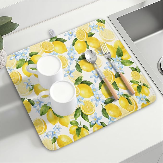 Kawani Lemon Dish Drying Mat 16x18 Inch Absorbent Reversible Summer Drying Mat Floral Lemon Fruits Dish Drying Rack Mat Yellow Summer Themed Dish Drainer Mat for Kitchen Counter Coffee Bar