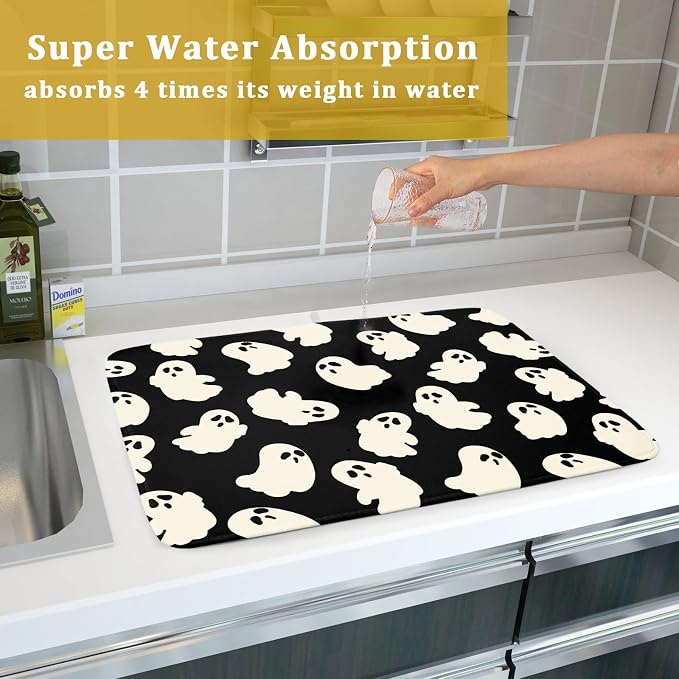 Halloween Ghost Dish Drying Mat 16X18 Inch Spooky Halloween Drying Mat for Kitchen Counter Black White Absorbent Microfiber Reversible Dishes Pad Dish Drainer Mat for Halloween Kitchen Accessories