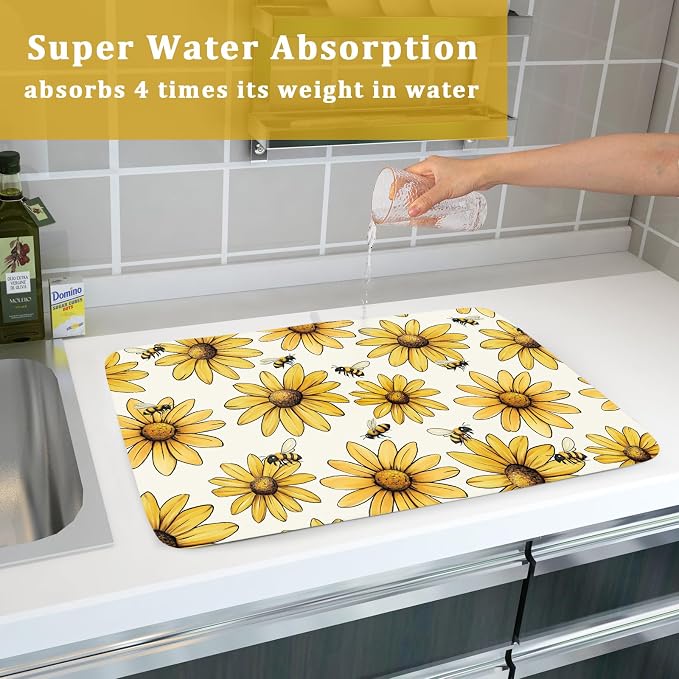Spring Summer Sunflower Bee Dish Drying Mat 16×18 Inch | Polyester,Absorbent Microfiber,for Kitchen Coffee Dining Bar Decor