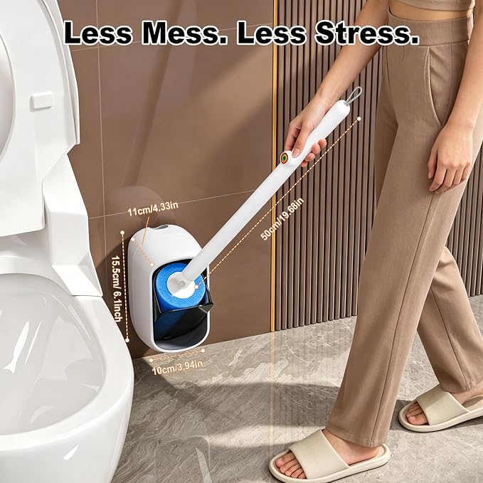 Disposable Toilet Brush with 35 Refill Pads, Auto-Open, Water-Activated Cleaning Heads, Wall-Mounted Toilet Kit for Bathroom & Tub