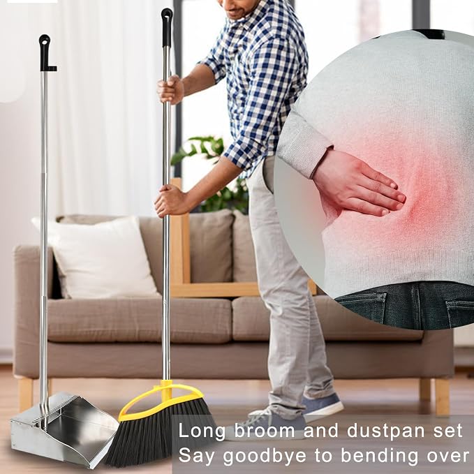 Broom and Stainless Steel Dustpan Set for Home,Metal Dust Pan and Soft Bristles Indoor Kitchen Broom for Office,Lobby