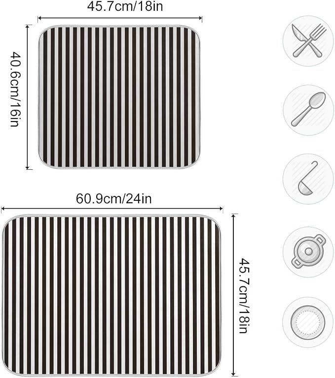 Black White Stripes Dish Drying Mat for Kitchen, Absorbent Microfiber Drying Pad Dish Mat, 16" X 18"