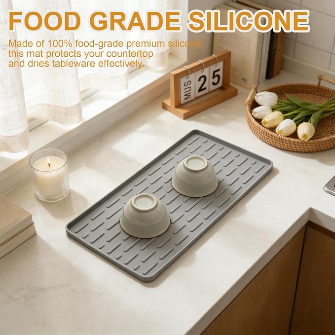Silicone Coffee Mat, 16"X7" Heat-Resistant,Eco-friendly,Hygienic Drying Pad,Leak-Proof and Non-Slip,Removable Silicone Mat with Concave and Convex Design,(Gray 16X7)