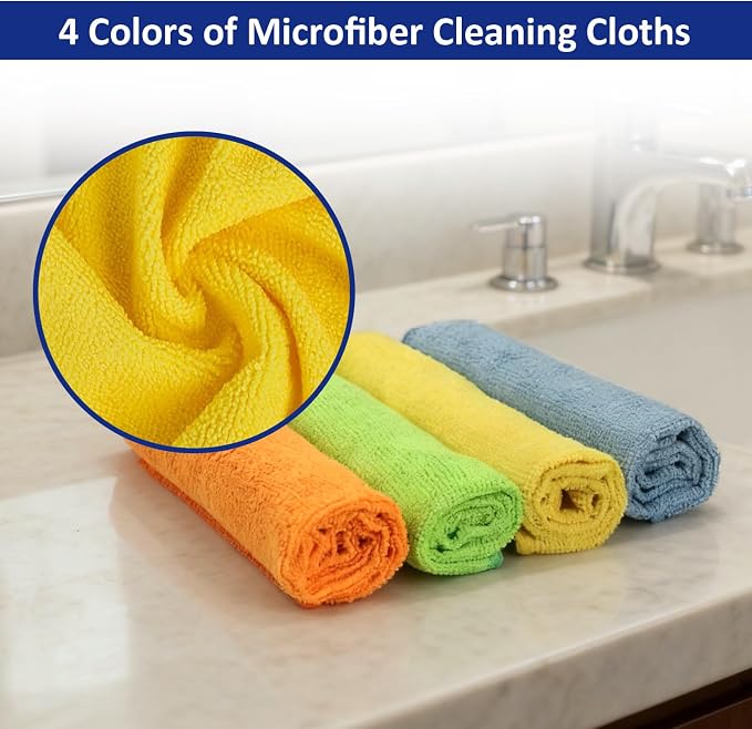 Microfiber Cleaning Cloths (12-Pack), 14" x 14", Ultra Absorbent, Lint-Free, Streak-Free, Reusable, Ideal for Car, Kitchen, Window, and Household Cleaning (Orange/Yellow/Green/Blue)