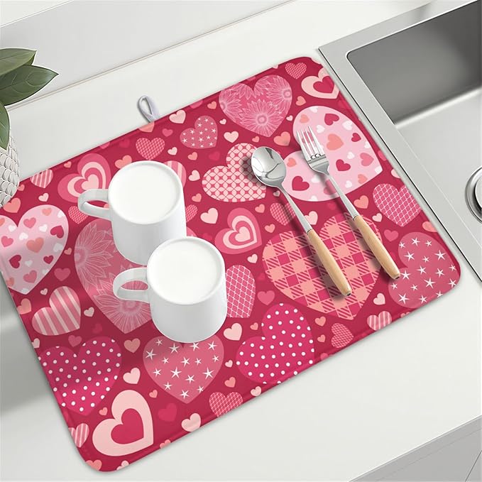 Valentine's Day Red Heart Dish Drying Mat 18x24 Inch | Polyester,Absorbent Microfiber,for Kitchen Coffee Dining Bar Decor