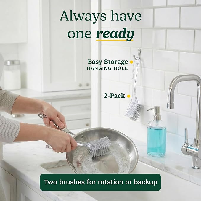 Cuisinart Dish Brush with Handle, 2 Pack, Firm Bristles | Multi-purpose dish scrubber for plates, pots, and pans, deep cleaning removes grease, safe for nonstick, built-in scraper