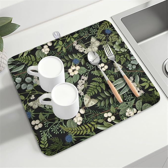 Sage Green Botanical Fruit Dish Drying Mat 16x18 Inch | Butterfly,Polyester,Absorbent Microfiber,for Kitchen Coffee Dining Bar Decor