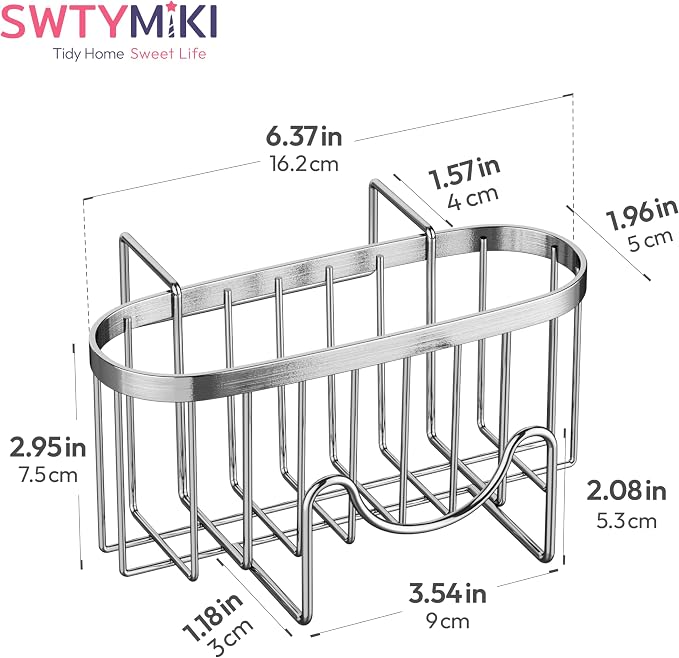 SWTYMIKI Sponge Holder for Kitchen Sink - Movable Kitchen Caddy with M Shape Hook, Stainless Steel Hanging Sponge Caddy for Sponges, Brush, Stopper Organizer in Double Bowl Sink, Silver