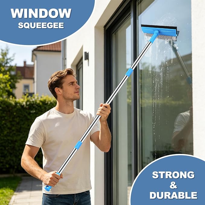 SetSail Window Squeegee 2 in 1 Window Cleaner Tool with 57in Extension Pole | Professional Sponge Squeegee for Window Cleaning Car, Windshield, Glass, Shower, Blue