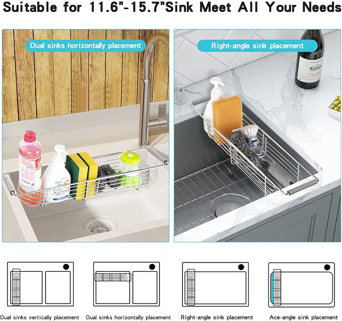 YQh Retractable Sink Drain Rack, 304stainless Steel Expandable Sink Storage Rack, Adjustabl Kitchen Sponge Drying Rack, soap Rack, Breathable Drainage (Adjustable Length 14in-18in)