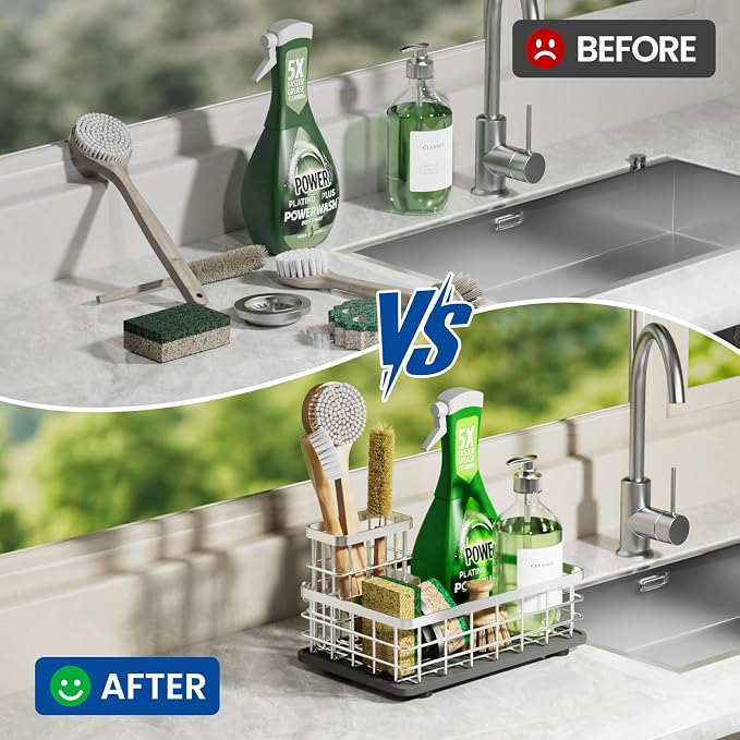 Extra Large Kitchen Sink Caddy Organizer, Stainless Steel Sponge Holder for Kitchen Sink with Brush Holder, Diatomite Stone Sink Tray for Soap Dispenser, Sponge, Bathroom Countertop Organizer, Silver