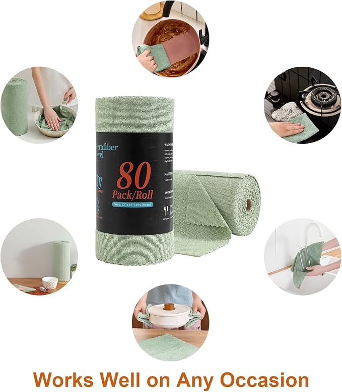 80 Pack Microfiber Cleaning Cloth Roll,Lint Free Rags & Tear Away Reusable Towels Washable Scratch,Ultra Absorbent Dish Rags(12" x 12") for Car Kitchen Home Garage-Green
