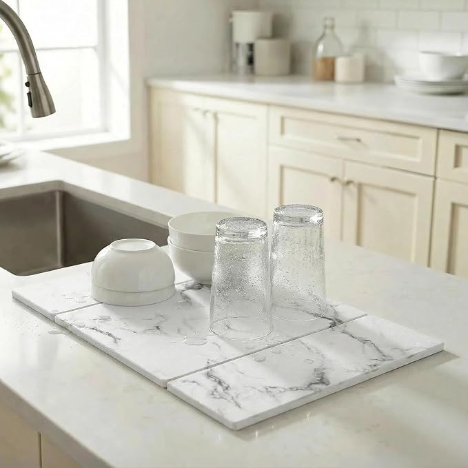 Large Stone Drying Mat for Kitchen Counter, 24"x16" Collapsible Quick Dry Dish Drying Mat, Water-Absorbent Marble Diatomaceous Earth Mats for Bottles Cups Dishes, Match Any Countertop
