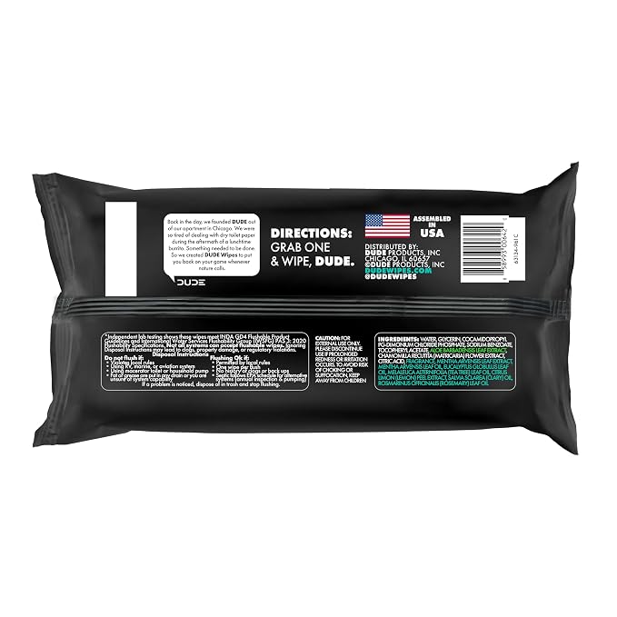 DUDE Wipes Mint Chill Adult Flushable Wet Wipes, Refreshing, 144 Count | 3 packs of 48 extra large flushable butt wipes. Plastic-free wipes, 99% water, tea tree oil, vitamin E and aloe. Septic safe.