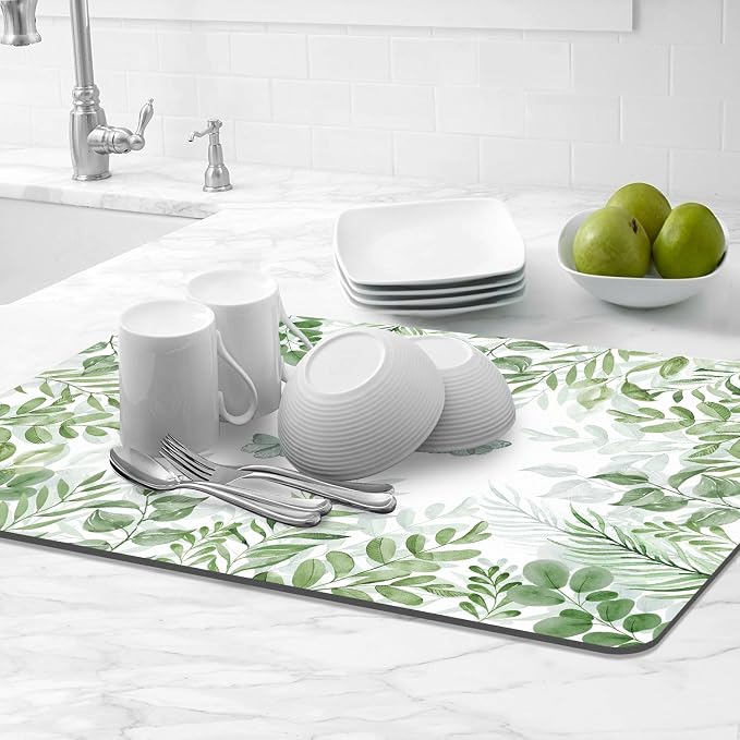 LOKHOM Dish Drying Mat for Kitchen Counter, 18"x24" Absorbent Mat with Green Plant & Butterfly Pattern, Drain Rack Mat for Counter Coffee Maker, Dining Room Decor