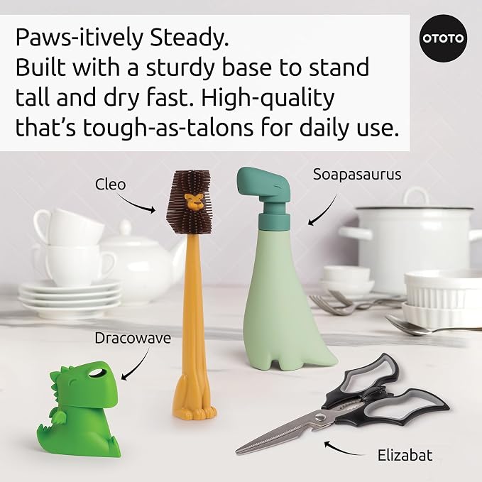 OTOTO Cleo Dish & Water Bottle Brush – Silicone Baby Bottle Brush, Water Bottle Cleaner, Dish Brush with Long Handle, Cute Lion Design, Crevice Cleaning Brush, Baby Essentials, Kitchen Gadgets
