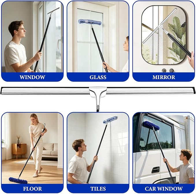 2-in-1 Window Shower Squeegee with Extension Pole for Glass Doors | Professional Window Cleaner Tool, 14" Wide Washing Equipment for High Outside Glass, Solar Panels, Shower, Car Windshield