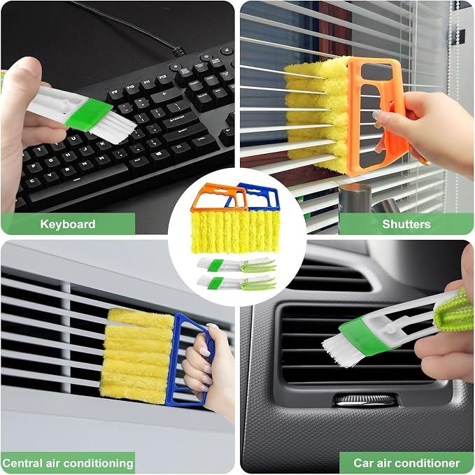 4Pcs Blind Cleaner Duster Tool Set with 7-Finger & 3-Finger Brushes,Washable Multi-Surface Dusting Kit for Wood Blinds, Venetian Blinds, AC Vents, Car Vents, Shutters & Fans (Yellow+Green)