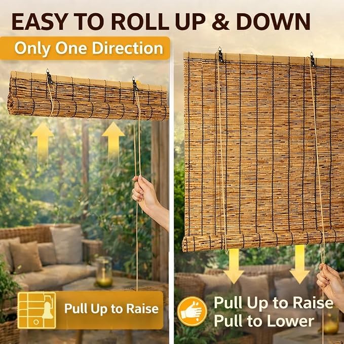 Bamboo Roman Shades for Windows, Roll Up Blinds for Indoor & Outdoor Patio, Natural Reed Light Filtering Sun Shade for Porch, Matchstick Window Treatments, 36 46 60 96 H(Natural,34" W x 60" H)