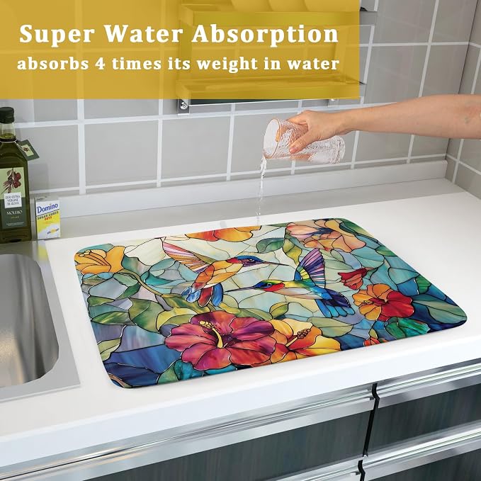 Spring Summer Dish Drying Mat for Kitchen Counter Hummingbird Microfiber Absorbent Dish Draining Reusable Washable Foldable Extra Large 18"x24"
