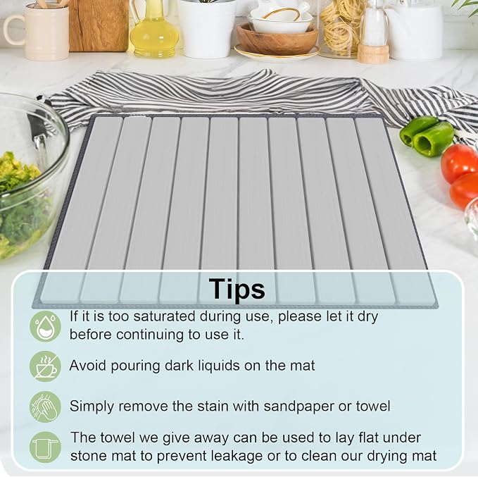 Stone Dish Drying Mat for Kitchen Counter,24"(L)×16"(W) Collapsible Fast-Drying Diatomaceous Earth Mats with Towel Sanding Tool,Versatile Stone Drying Mats for Cups Dishes Bottles