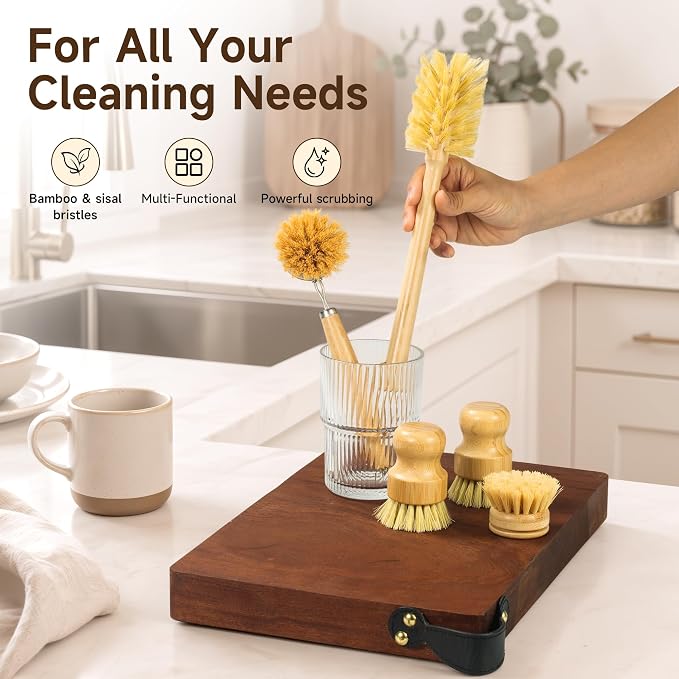SAMEBUTECO 5 Piece Bamboo Dish Brush Set,11.5’’ Long Handle Bottle Brush with Sisal Bristles, 3 Pot Brushes,1 Replaceable Heads, Natural Kitchen Brush for Pot,Pans,Sink,Vegetables