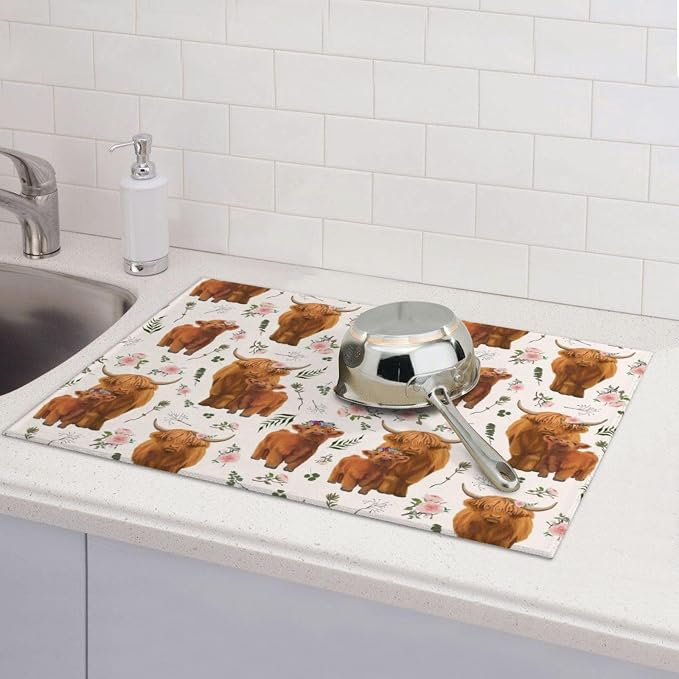 Highland Cow Dish Drying Mat for Kitchen Counter Cute Kitchen Mat Microfiber Kitchen Countertop Absorbent Reversible Drainer Rack Pad Dish Drying Mat 18 x 24 Inch