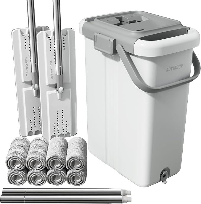 JOYMOOP Mop and Bucket Set for Floor and Wall Cleaning, Commercial and Household Use, Flat Mop System with 60" Dual Mops + 8 Pads