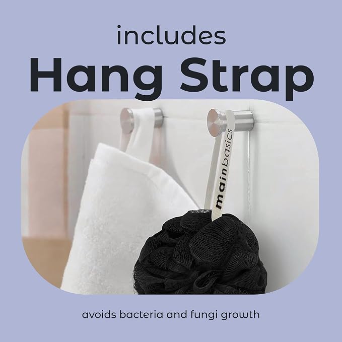 MainBasics Shower Loofah Sponge Pouf, Set of 3, Black Ice | Soft Mesh Body Scrubber and Bath Sponge for Gentle Exfoliation, Rich Lather, and Everyday Shower Use