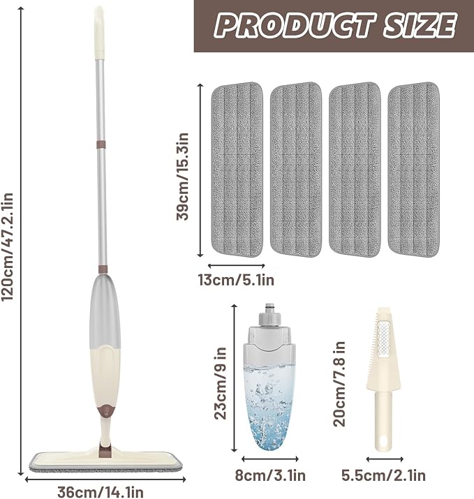 HOMTOYOU Wet Mop for Floor Cleaning: Spray Mop for Multi-Surface Floors | Wet Dry Use, 4 Pcs Microfiber Washable Pads, 400+ML Refillable Bottle, 360° Swivel Head, Beige