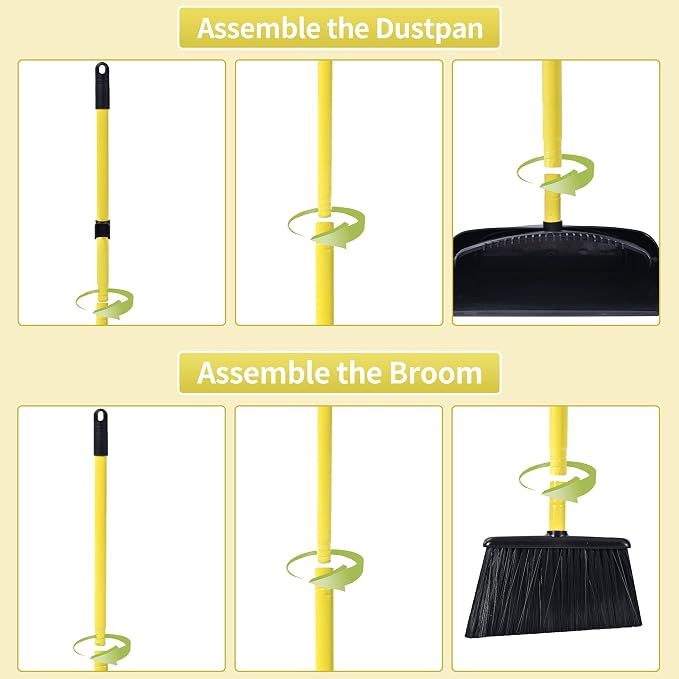 Long Handled Dustpan and Brush, Broom and Dustpan Set, Household Dust pan Combo with 54 Inch Handle for Indoor Outdoor Household Cleaning and Sweeping (Black)