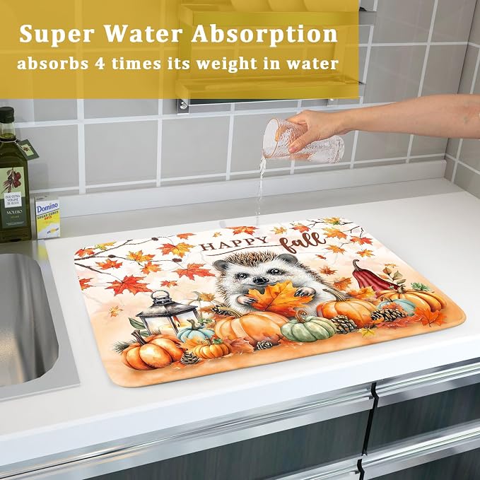 Happy Fall Dish Drying Mat - Large Absorbent Microfiber Drying Pad for Kitchen Counter 18 X 24 in Yellow