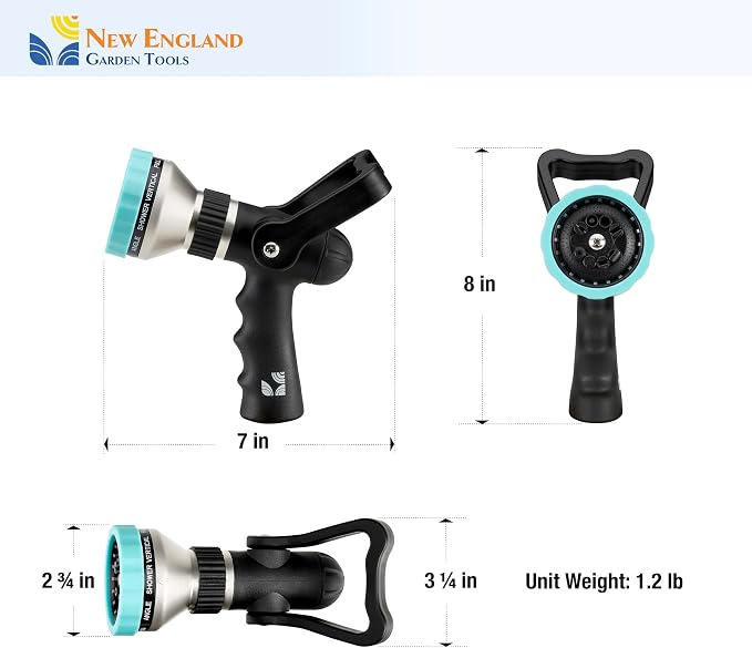Heavy Duty Metal Firemanโs Hose Nozzle 500003, 10-Pattern Hose Sprayer with Lever Control & Comfort Grip, High Flow Design, by New England Garden Tools, for Watering Plants, Yards, Washing Cars & Pets