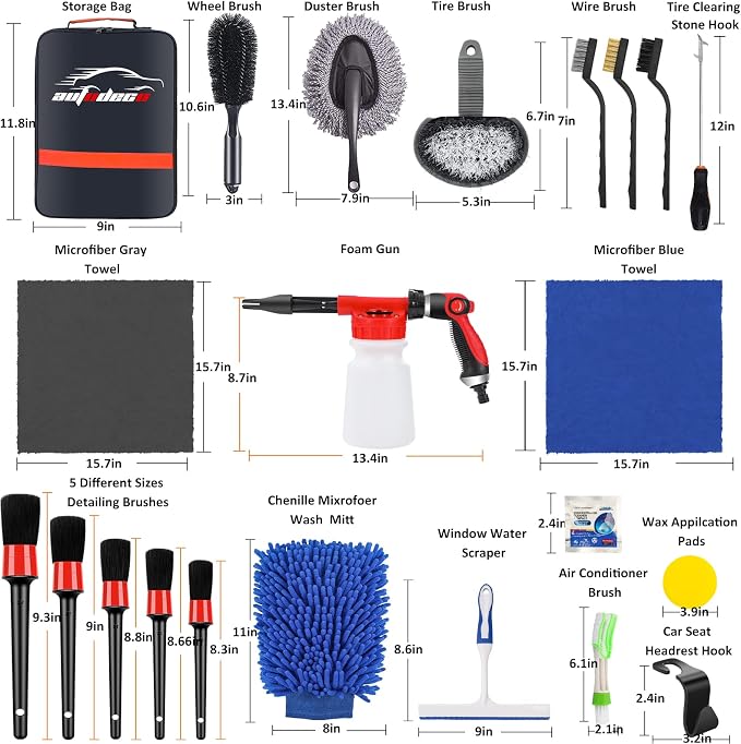 33Pcs Car Wash Detailing Kit Cleaning Kits with Foam Gun Sprayer Brush Large Wash Mitt Towels Complete Interior Exterior Car Washing Supply Set Blue