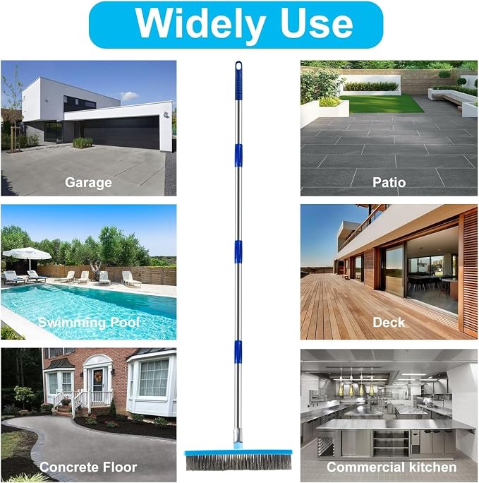 Stainless Steel Deck Scrub Brush 60In Long Handle Heavy Duty Floor Broom | Rustproof poles • Dense 6-row steel bristles • 45° head • Removes moss, grout & stains on concrete, patios, garages & boats